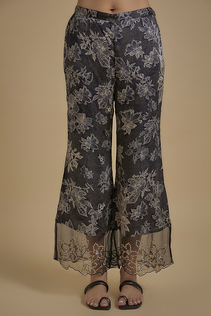 Black Silk Floral Printed & Embroidered Tunic Set by One not two at Pernia's Pop Up Shop