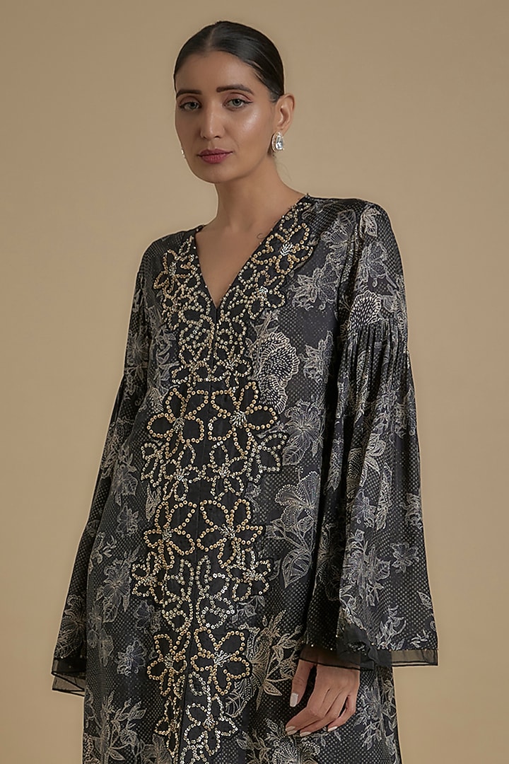 Black Silk Floral Printed & Embroidered Tunic Set by One not two at Pernia's Pop Up Shop