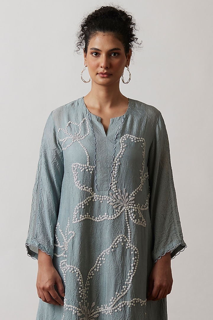 Cloud Blue Viscose Silk Embroidered Kurta Set by One not two at Pernia's Pop Up Shop