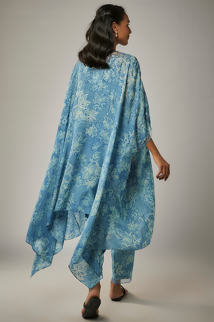 Blue Viscose Silk Printed & Sequin Embroidered Kurta Set by One not two at Pernia's Pop Up Shop