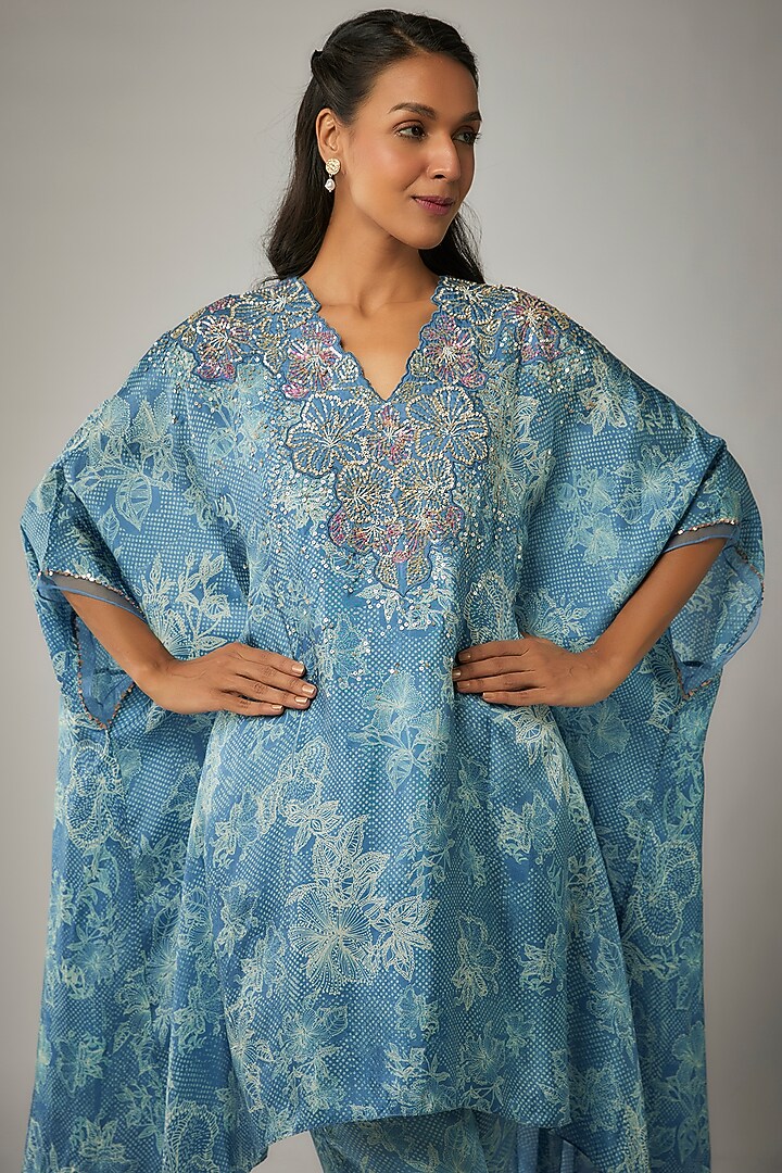 Blue Viscose Silk Printed & Sequin Embroidered Kurta Set by One not two at Pernia's Pop Up Shop