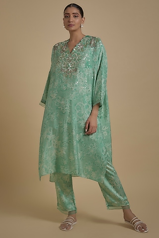 Green Silk Floral Printed & Embroidered Kaftan Set by One not two
