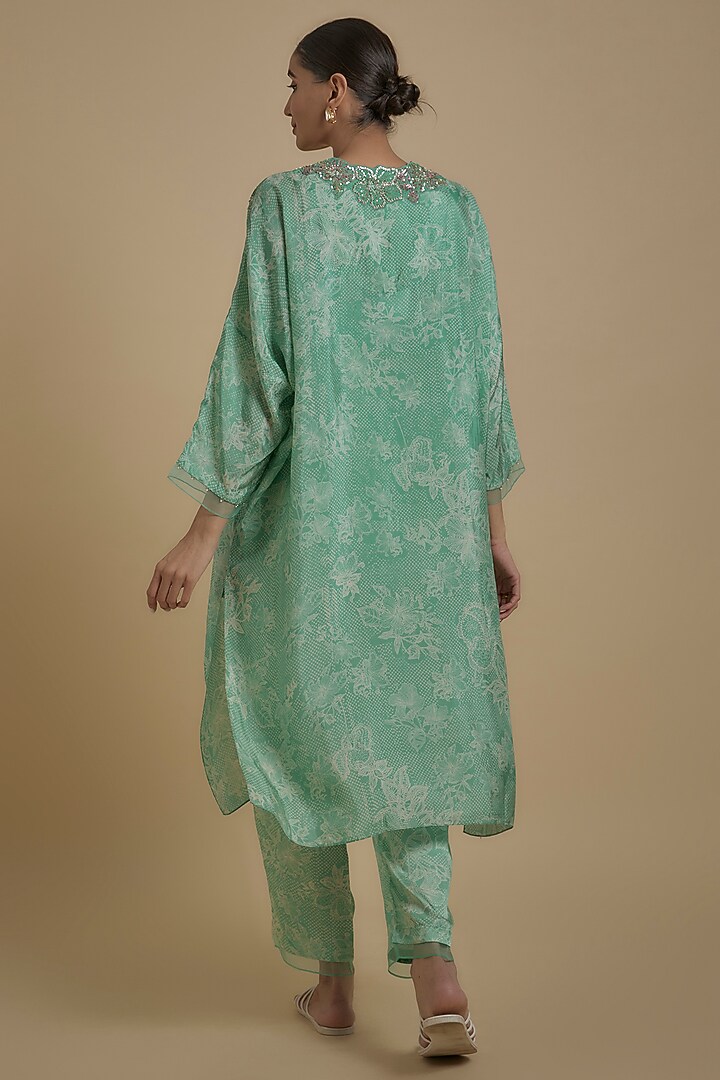 Green Silk Floral Printed & Embroidered Kaftan Set by One not two at Pernia's Pop Up Shop