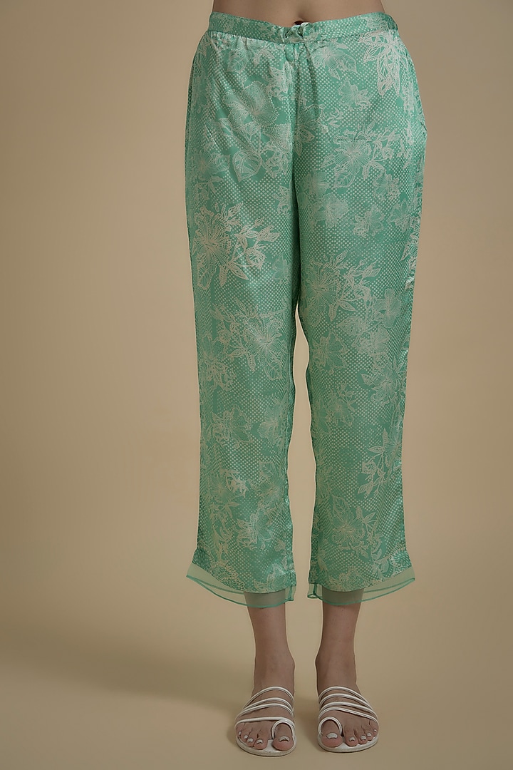 Green Silk Floral Printed & Embroidered Kaftan Set by One not two at Pernia's Pop Up Shop
