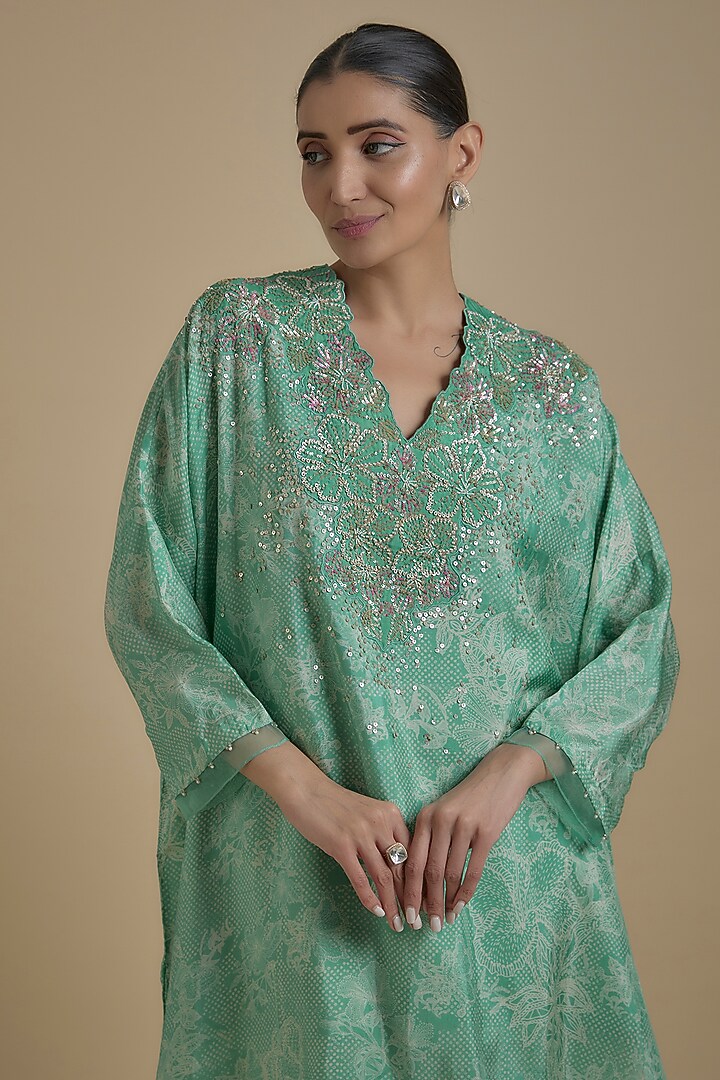 Green Silk Floral Printed & Embroidered Kaftan Set by One not two at Pernia's Pop Up Shop