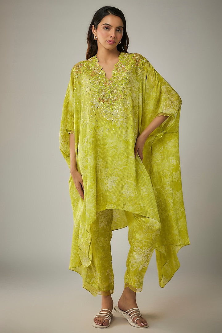 Lime Viscose Silk Printed & Sequin Embroidered Kurta Set by One not two