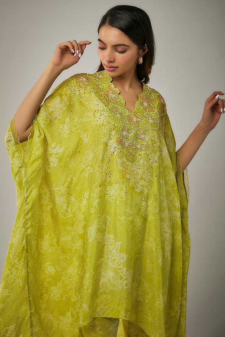 Lime Viscose Silk Printed & Sequin Embroidered Kurta Set by One not two at Pernia's Pop Up Shop
