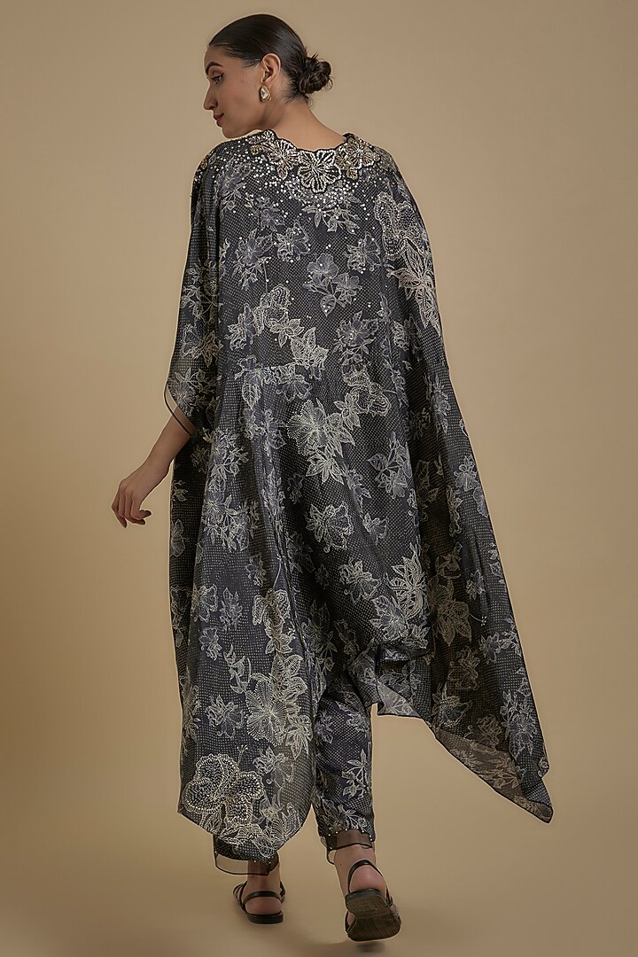 Black Silk Floral Printed & Embroidered Kaftan Set by One not two at Pernia's Pop Up Shop