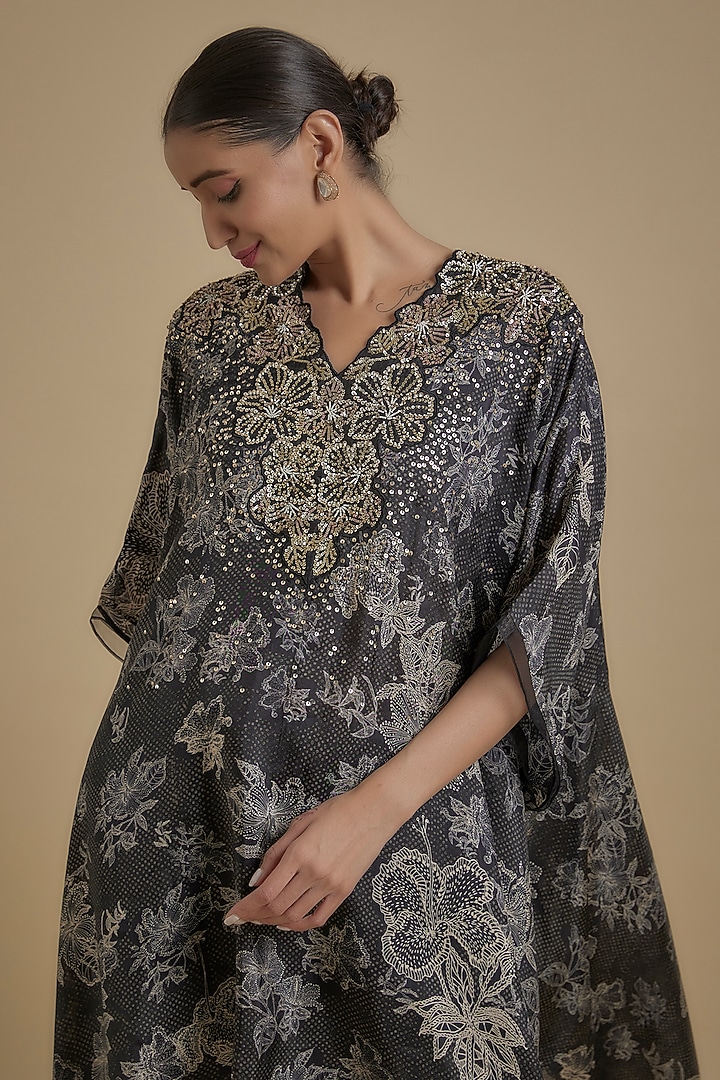 Black Silk Floral Printed & Embroidered Kaftan Set by One not two at Pernia's Pop Up Shop