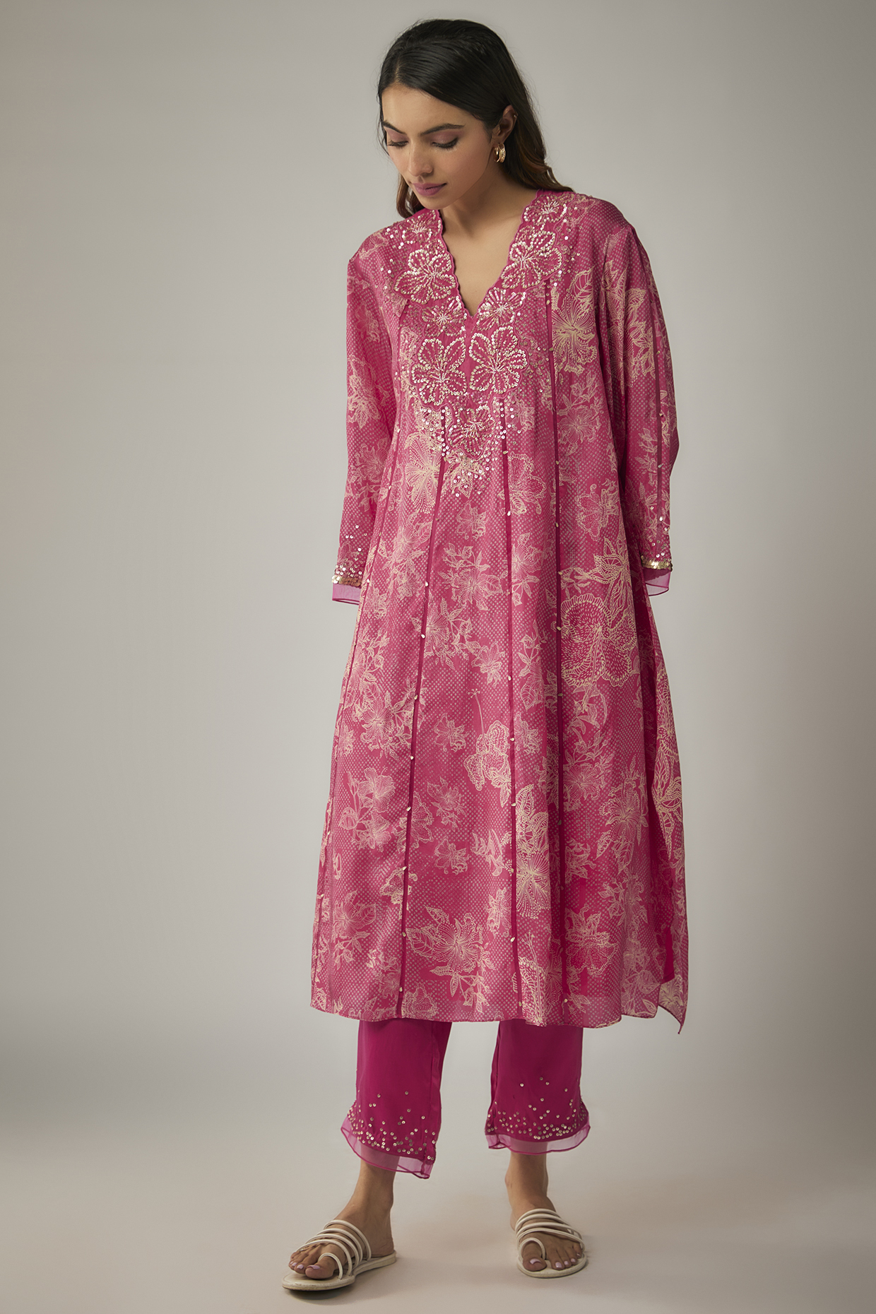 Pink Viscose Silk Printed & Sequin Embroidered Kurta Set by One not two at Pernia's Pop Up Shop