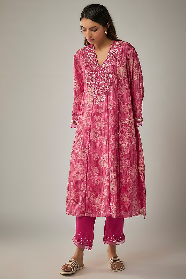Pink Viscose Silk Printed & Sequin Embroidered Kurta Set by One not two at Pernia's Pop Up Shop