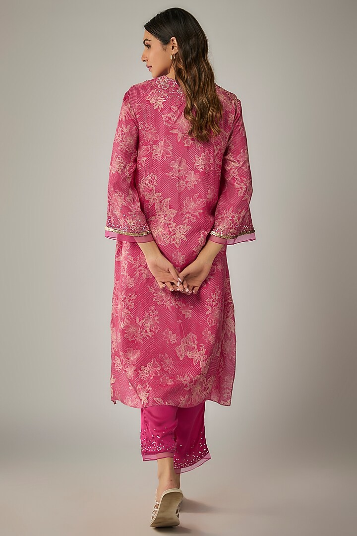 Pink Viscose Silk Printed & Sequin Embroidered Kurta Set by One not two at Pernia's Pop Up Shop