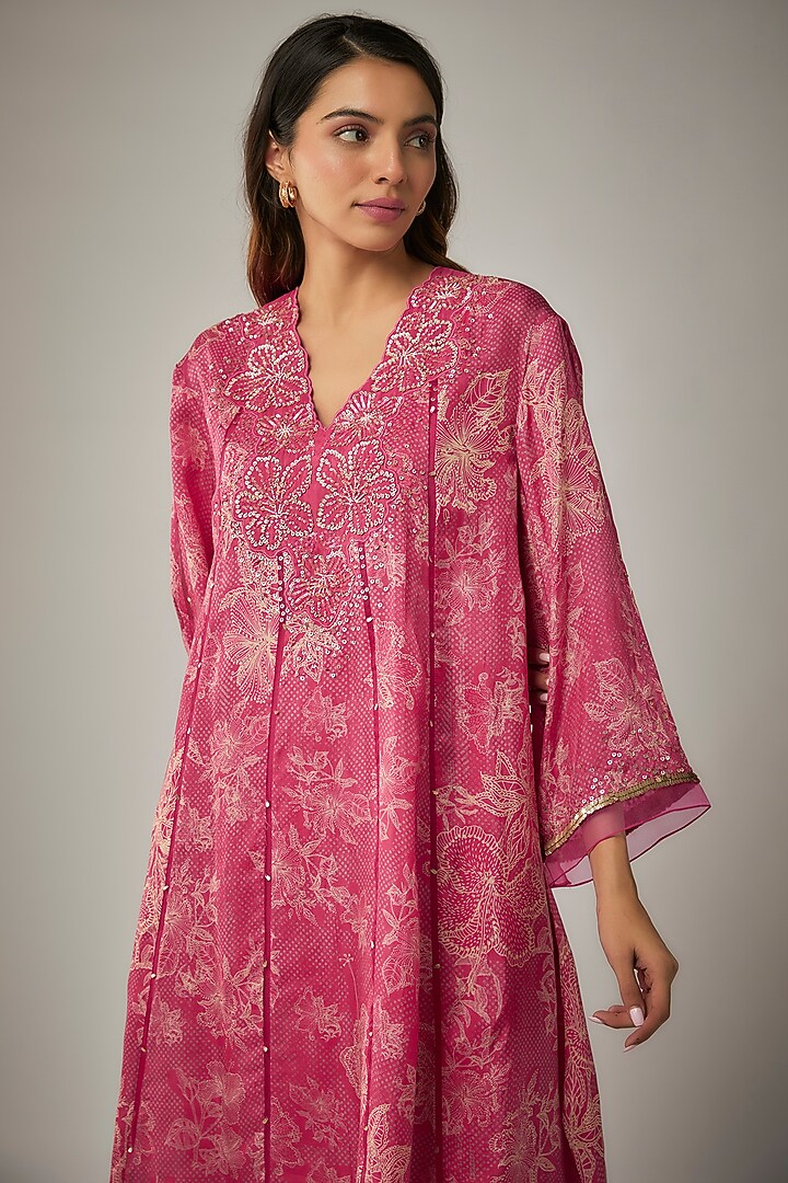 Pink Viscose Silk Printed & Sequin Embroidered Kurta Set by One not two at Pernia's Pop Up Shop