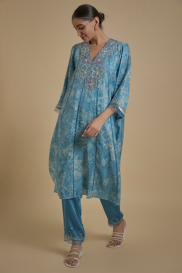 Blue Silk Floral Printed & Embroidered Kurta Set by One not two at Pernia's Pop Up Shop