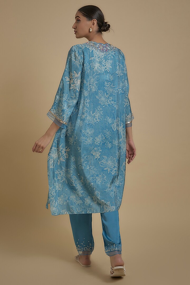 Blue Silk Floral Printed & Embroidered Kurta Set by One not two at Pernia's Pop Up Shop