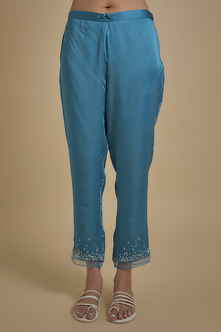 Blue Silk Floral Printed & Embroidered Kurta Set by One not two at Pernia's Pop Up Shop