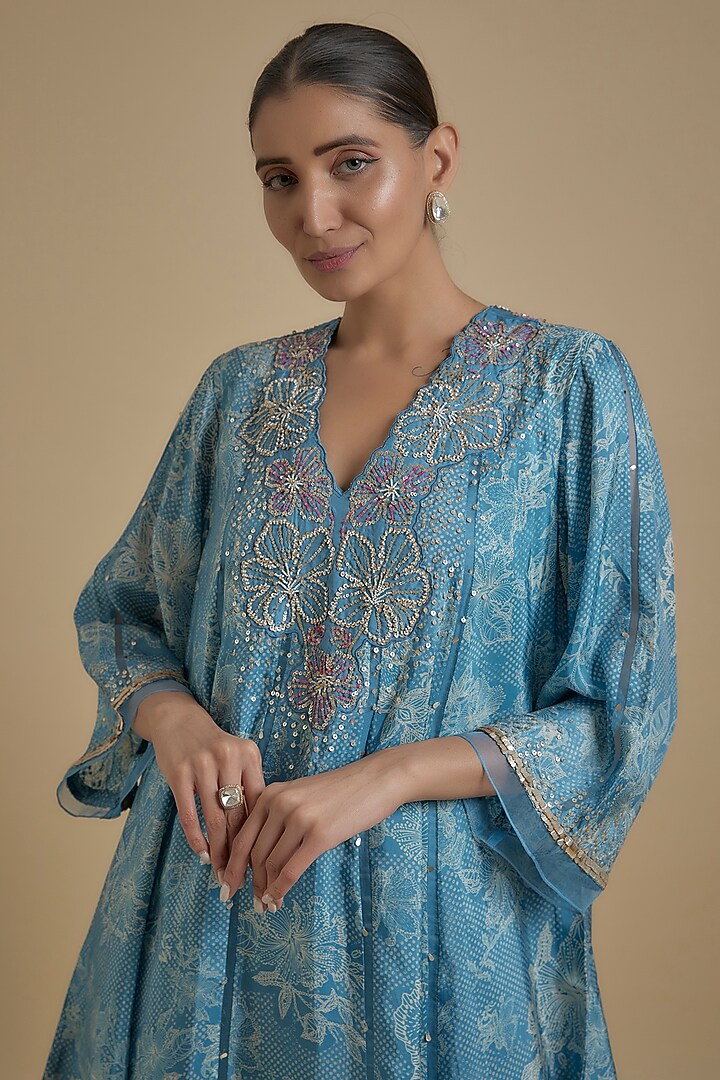 Blue Silk Floral Printed & Embroidered Kurta Set by One not two at Pernia's Pop Up Shop