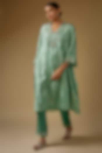 Green Viscose Silk Printed Hand & Machine Embroidered Kurta Set by One not two at Pernia's Pop Up Shop