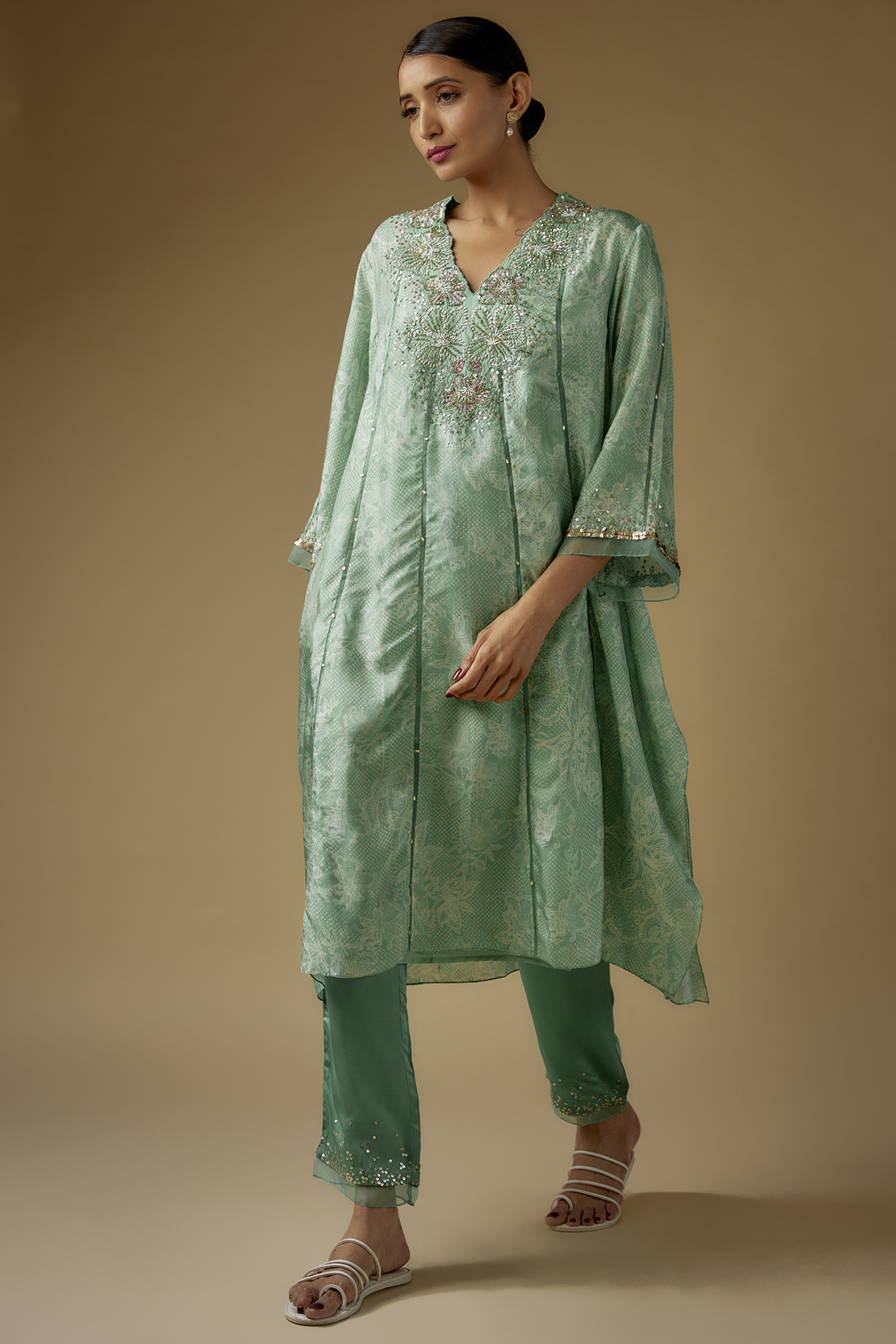 Green Viscose Silk Printed Hand & Machine Embroidered Kurta Set by One not two at Pernia's Pop Up Shop