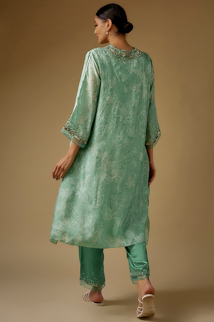 Green Viscose Silk Printed Hand & Machine Embroidered Kurta Set by One not two at Pernia's Pop Up Shop