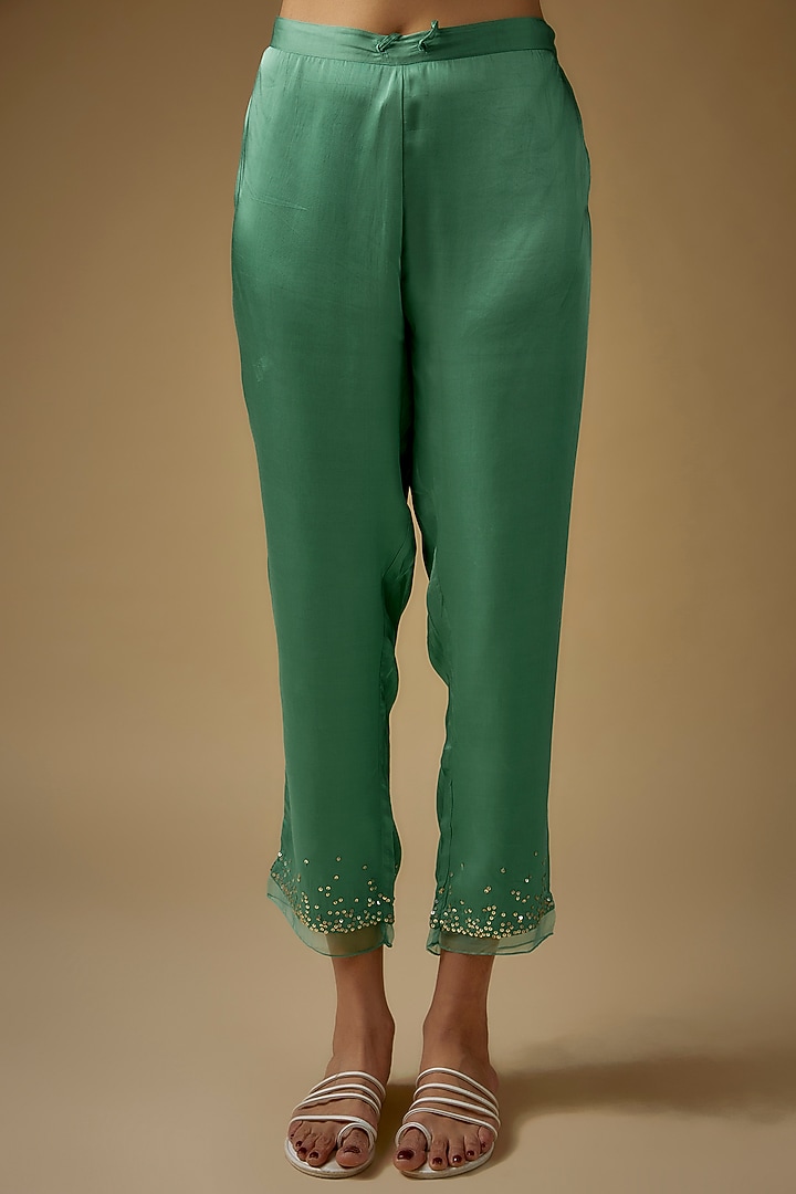Green Viscose Silk Printed Hand & Machine Embroidered Kurta Set by One not two at Pernia's Pop Up Shop