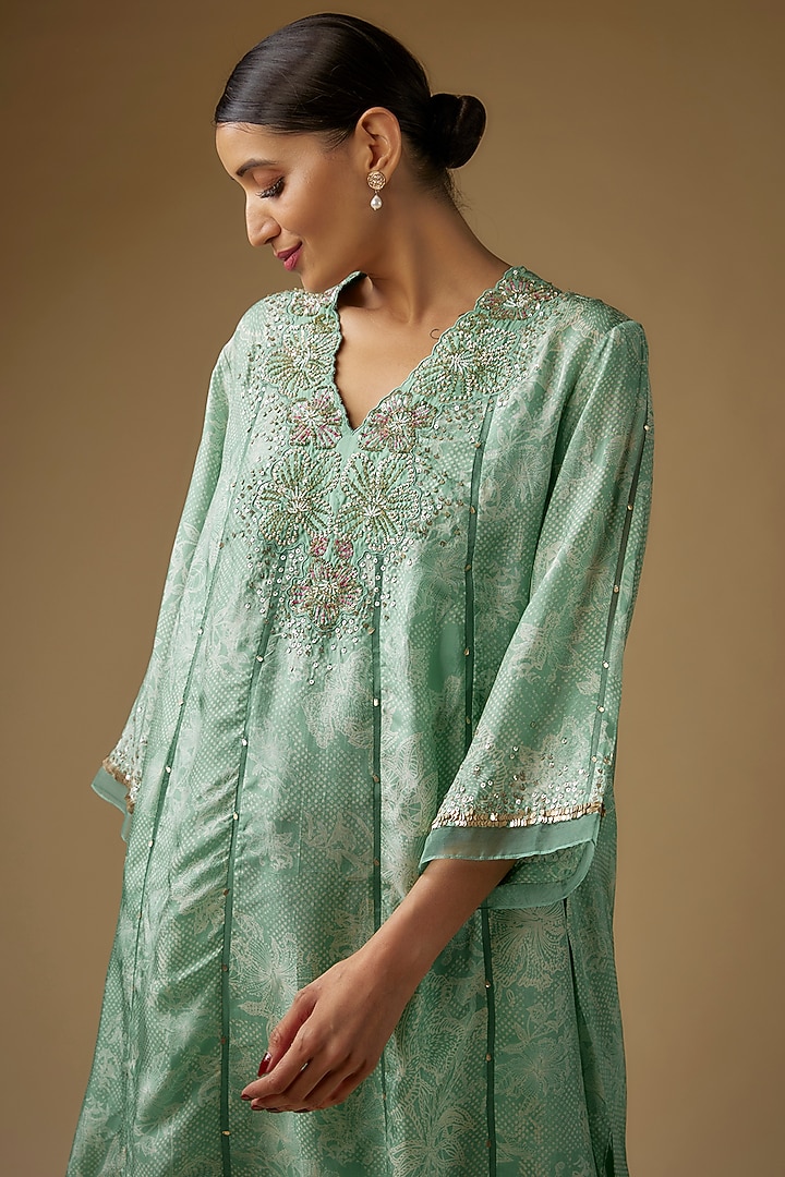 Green Viscose Silk Printed Hand & Machine Embroidered Kurta Set by One not two at Pernia's Pop Up Shop