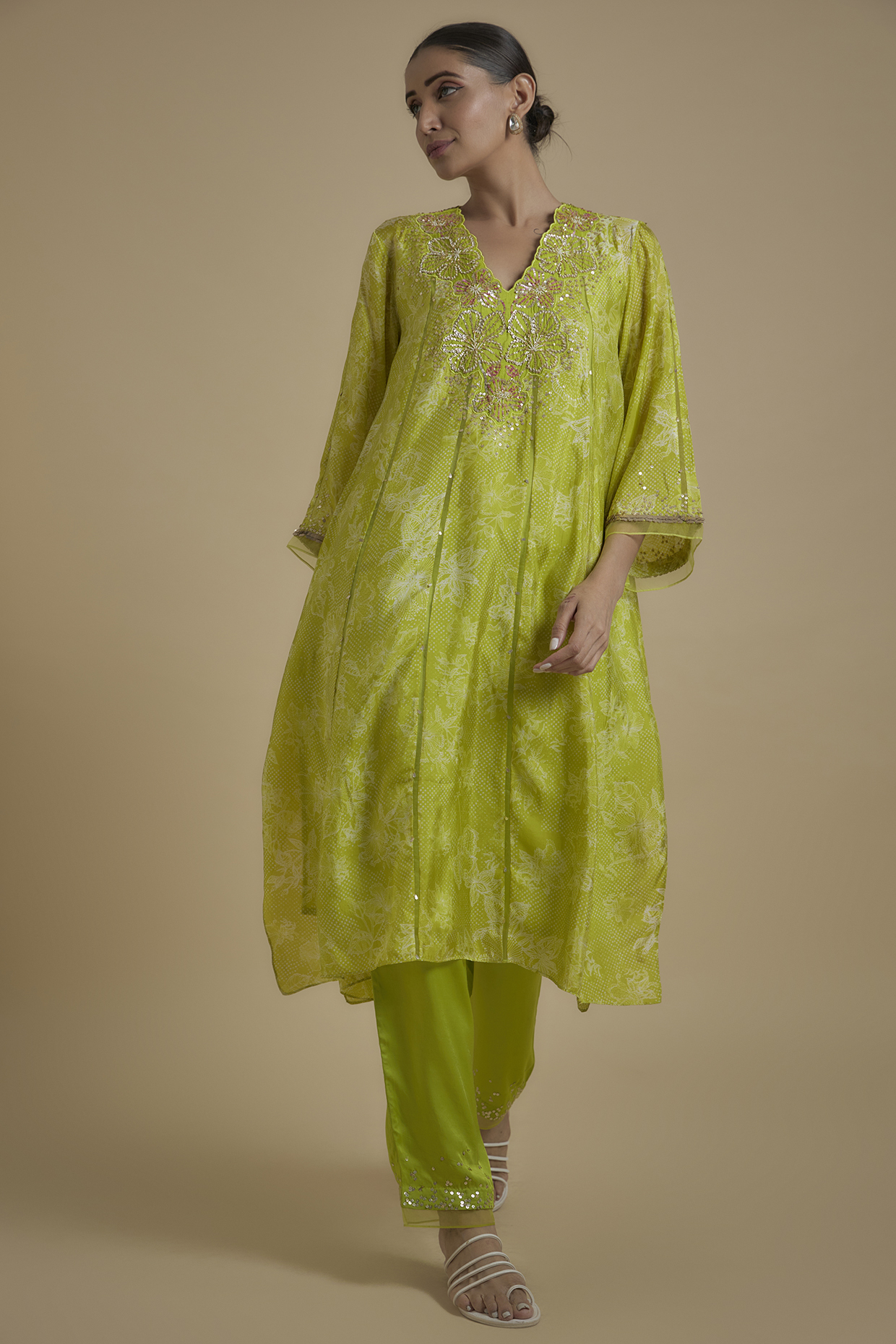 Lime Green Silk Floral Printed & Embroidered Kurta Set by One not two at Pernia's Pop Up Shop
