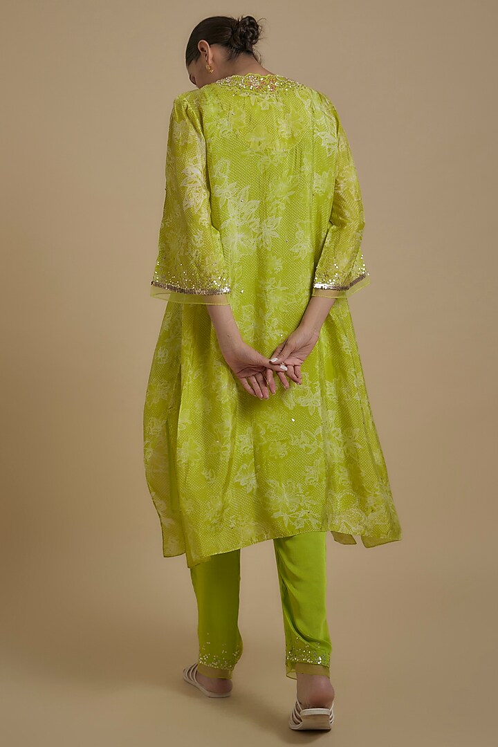 Lime Green Silk Floral Printed & Embroidered Kurta Set by One not two at Pernia's Pop Up Shop