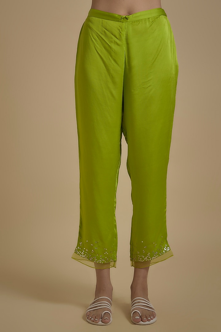 Lime Green Silk Floral Printed & Embroidered Kurta Set by One not two at Pernia's Pop Up Shop