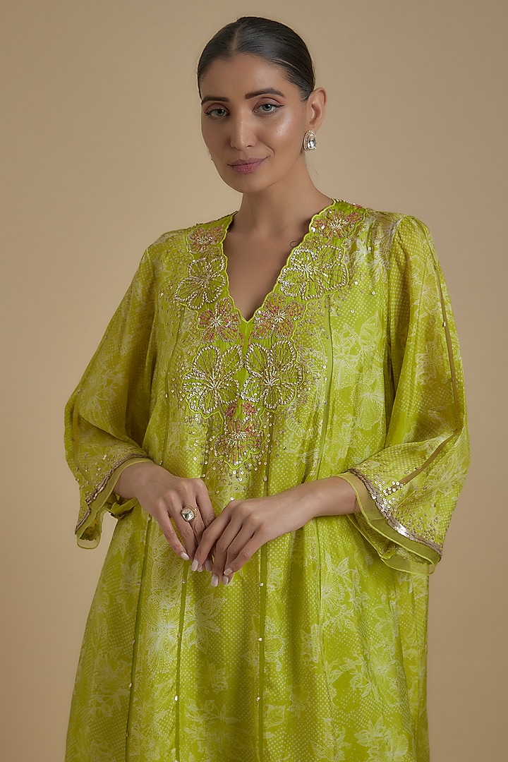 Lime Green Silk Floral Printed & Embroidered Kurta Set by One not two at Pernia's Pop Up Shop