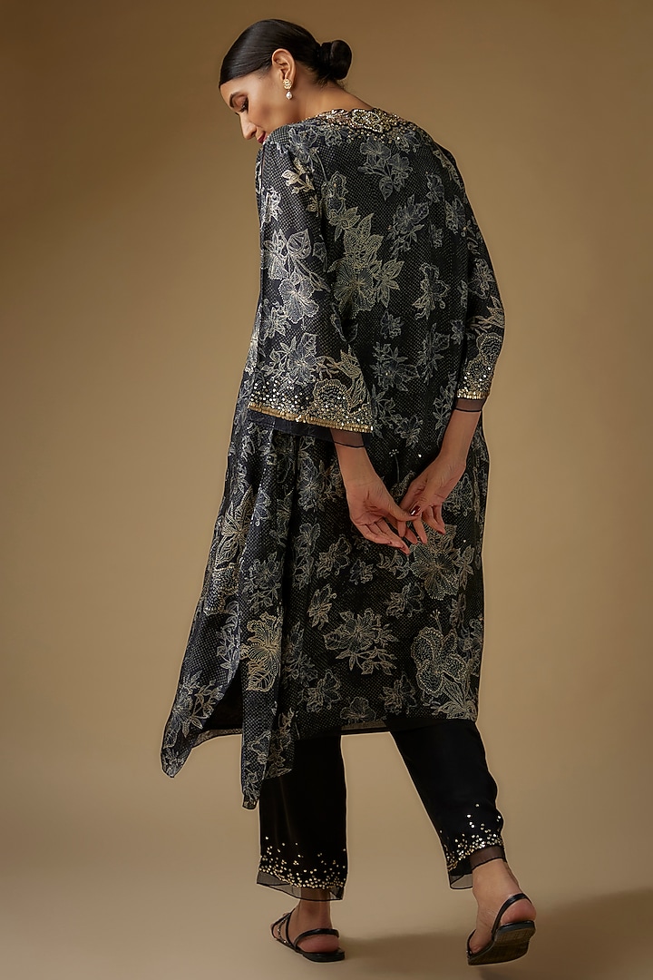 Black Viscose Silk Printed Hand & Machine Embroidered Kurta Set by One not two at Pernia's Pop Up Shop