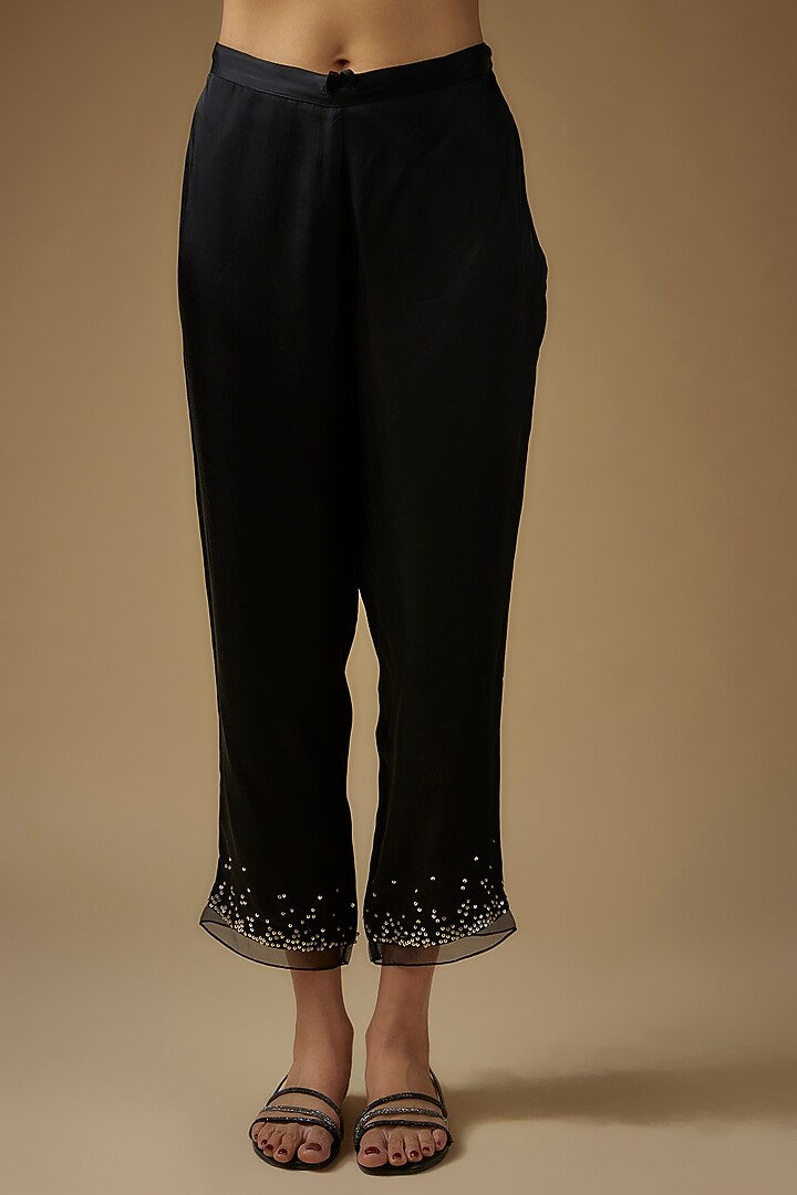 Black Viscose Silk Printed Hand & Machine Embroidered Kurta Set by One not two at Pernia's Pop Up Shop