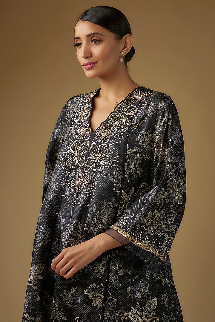Black Viscose Silk Printed Hand & Machine Embroidered Kurta Set by One not two at Pernia's Pop Up Shop