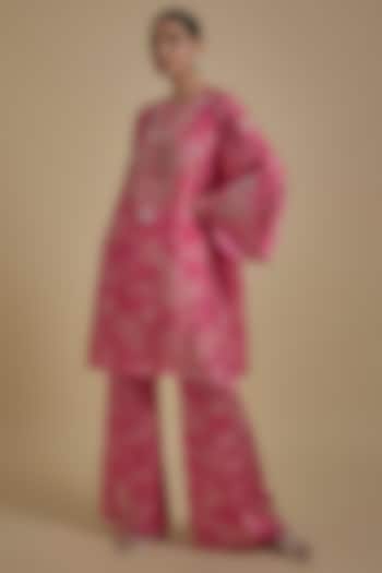 Hot Pink Silk Floral Printed & Embroidered Tunic Set by One not two at Pernia's Pop Up Shop