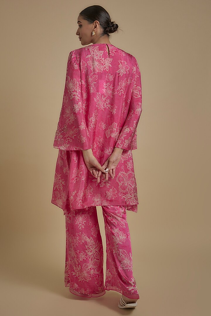 Hot Pink Silk Floral Printed & Embroidered Tunic Set by One not two at Pernia's Pop Up Shop