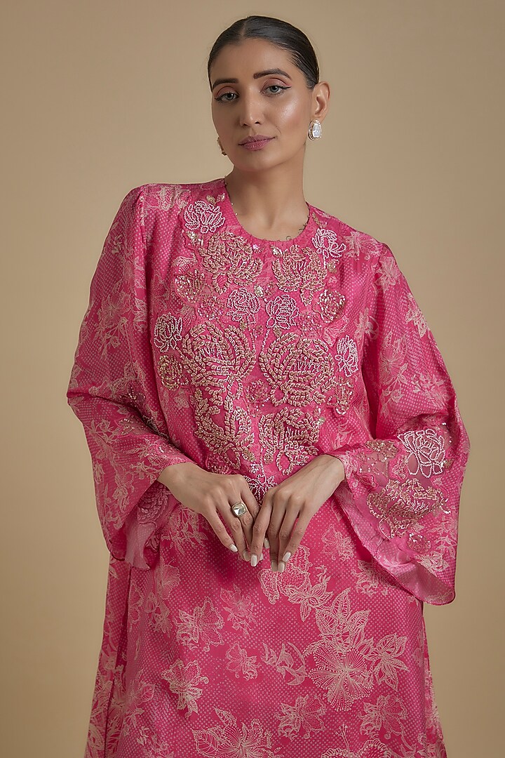 Hot Pink Silk Floral Printed & Embroidered Tunic Set by One not two at Pernia's Pop Up Shop
