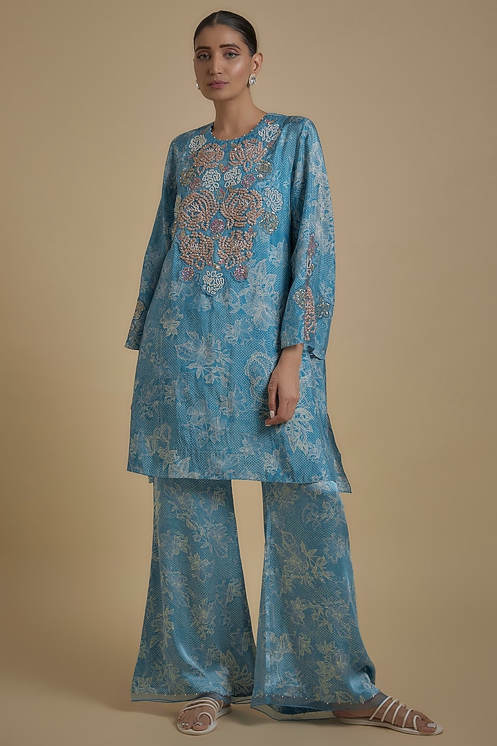 Blue Silk Floral Printed & Embroidered Tunic Set by One not two at Pernia's Pop Up Shop