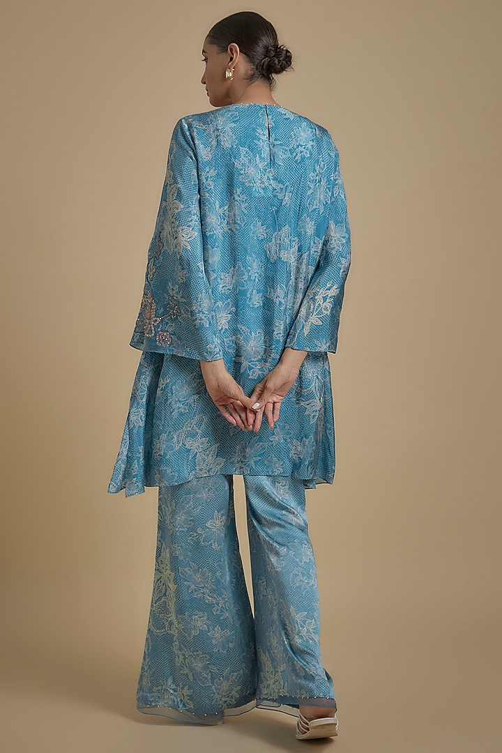 Blue Silk Floral Printed & Embroidered Tunic Set by One not two at Pernia's Pop Up Shop
