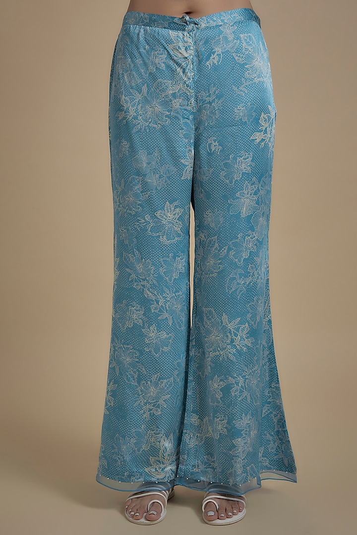 Blue Silk Floral Printed & Embroidered Tunic Set by One not two at Pernia's Pop Up Shop