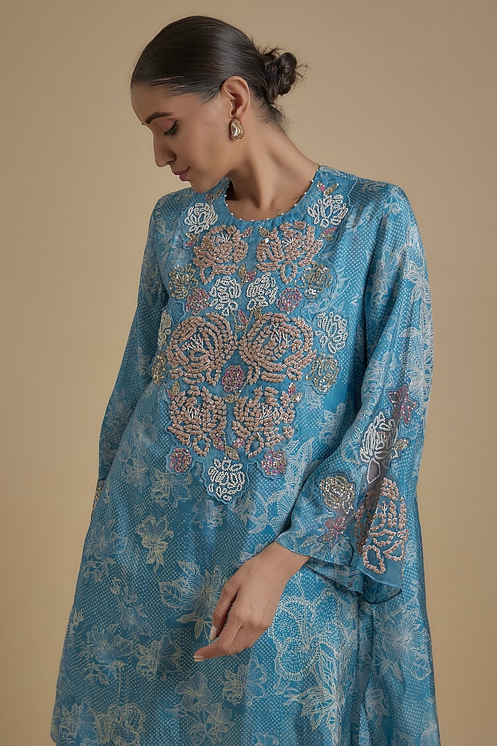 Blue Silk Floral Printed & Embroidered Tunic Set by One not two at Pernia's Pop Up Shop