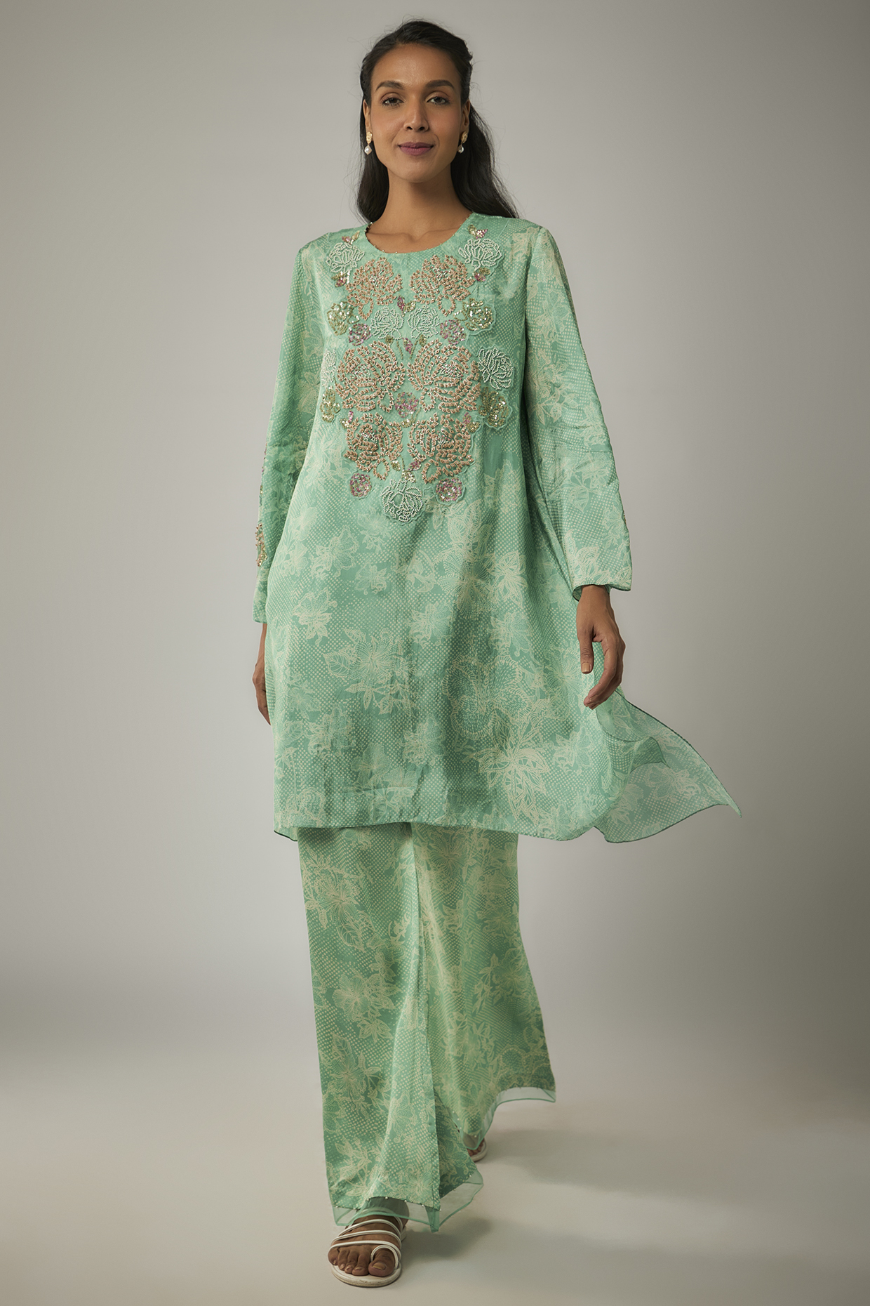 Green Viscose Silk Printed & Sequin Embroidered Kurta Set by One not two at Pernia's Pop Up Shop