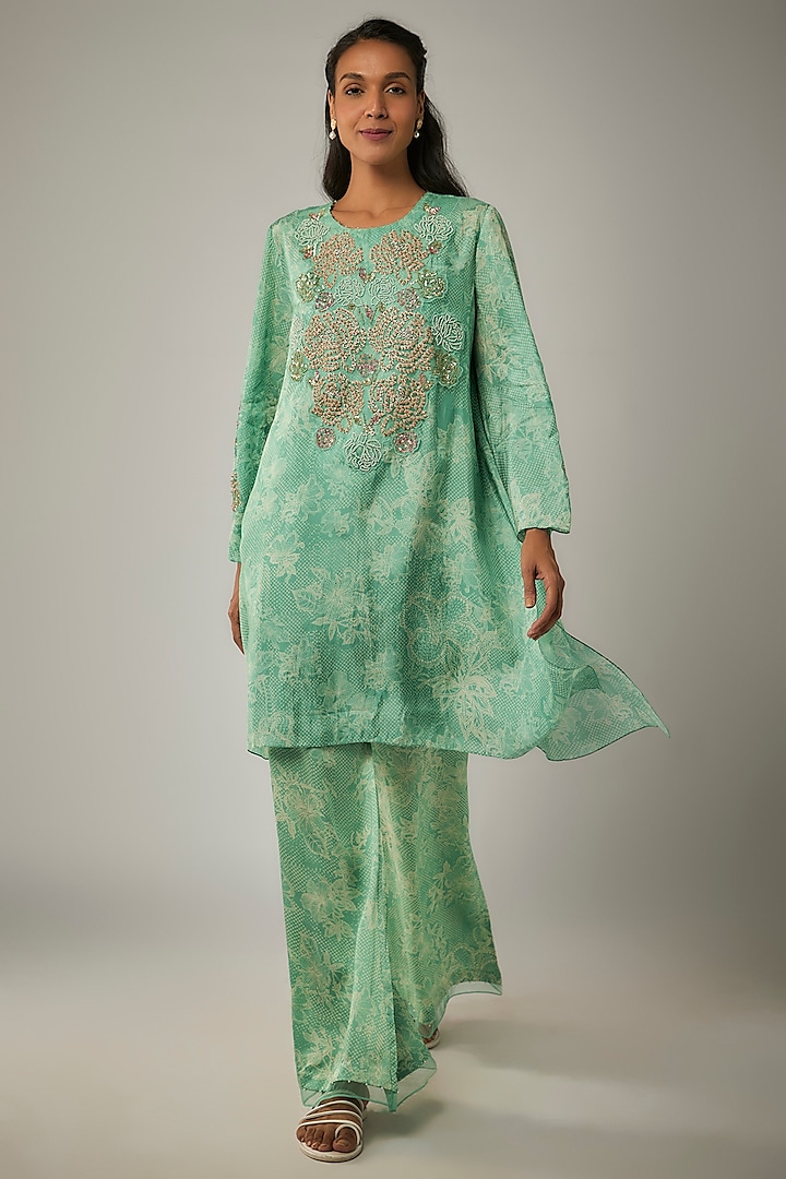 Green Viscose Silk Printed & Sequin Embroidered Kurta Set by One not two at Pernia's Pop Up Shop