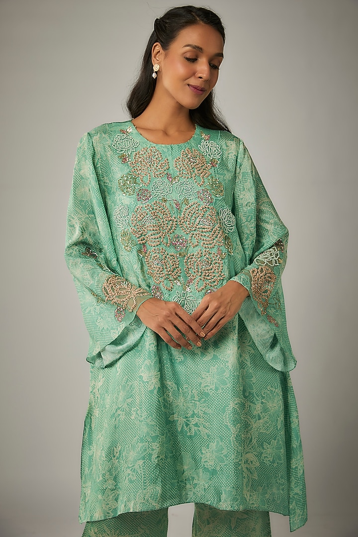 Green Viscose Silk Printed & Sequin Embroidered Kurta Set by One not two at Pernia's Pop Up Shop