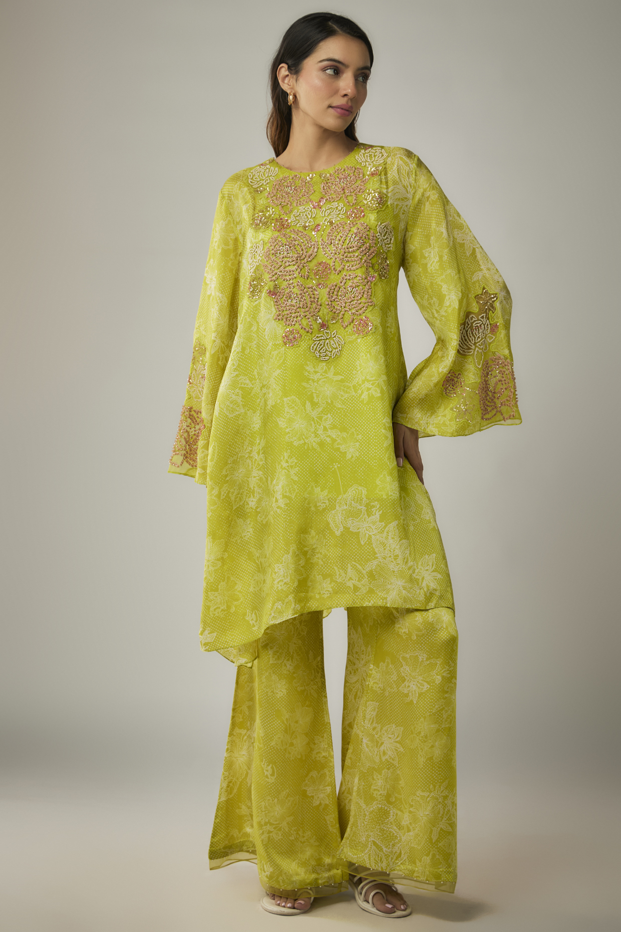 Lime Viscose Silk Printed & Sequin Embroidered Kurta Set by One not two at Pernia's Pop Up Shop