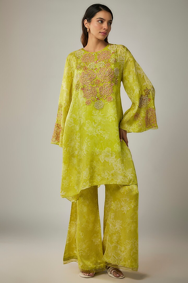 Lime Viscose Silk Printed & Sequin Embroidered Kurta Set by One not two at Pernia's Pop Up Shop