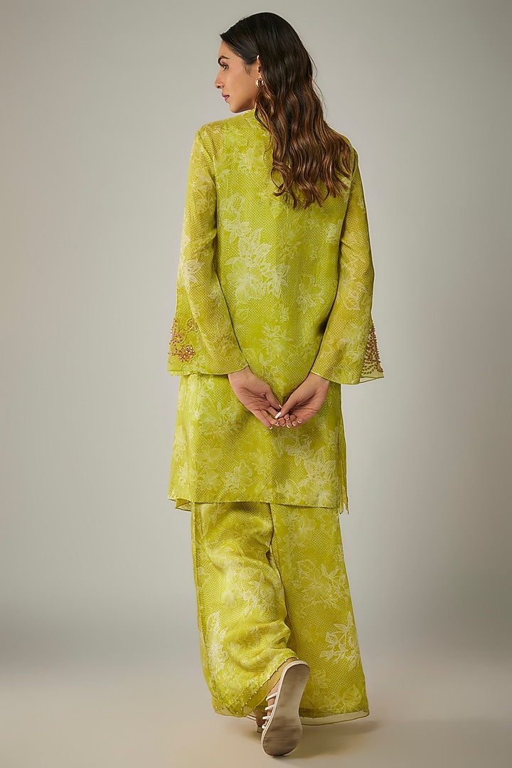 Lime Viscose Silk Printed & Sequin Embroidered Kurta Set by One not two at Pernia's Pop Up Shop