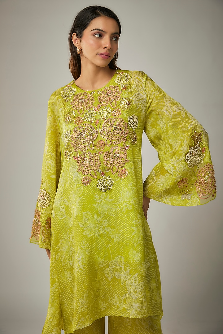 Lime Viscose Silk Printed & Sequin Embroidered Kurta Set by One not two at Pernia's Pop Up Shop