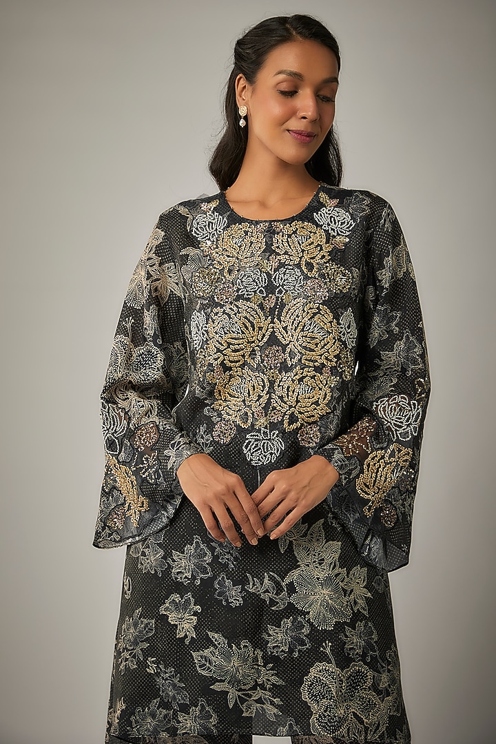 Black Viscose Silk Printed & Sequin Embroidered Kurta Set by One not two at Pernia's Pop Up Shop