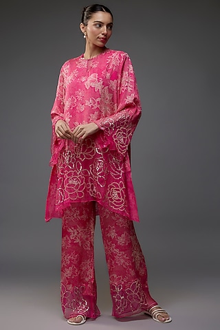 Pink Viscose Silk Polka Printed & Beads Embroidered Kurta Set by One not two