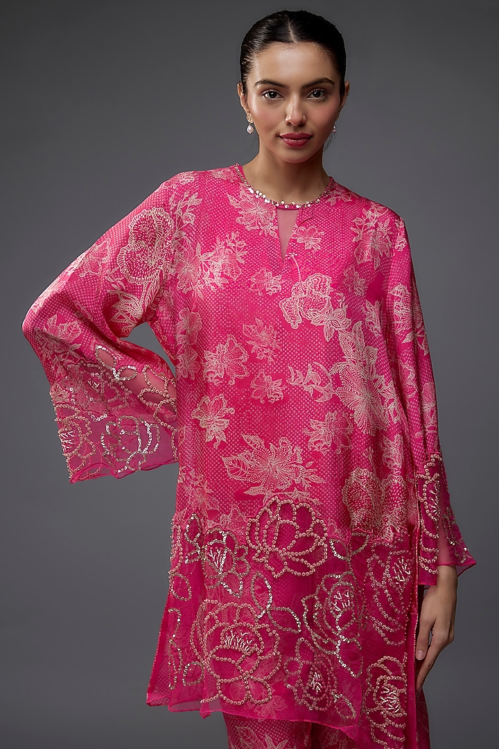 Pink Viscose Silk Polka Printed & Beads Embroidered Kurta Set by One not two at Pernia's Pop Up Shop